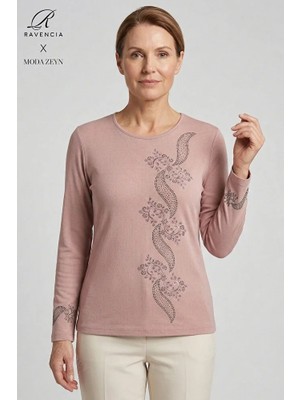 Ravencia Kadın Sarmal Yaprak Desenli Yaka ve Etek Taşlı Işlemeli Yırtmaçlı Likralı Anne Penye Bluz