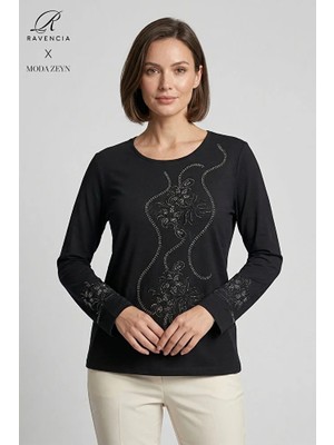 Ravencia Kadın Sarmal Yaprak Desenli Yaka ve Etek Taşlı Işlemeli Yırtmaçlı Likralı Anne Penye Bluz