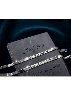 Pigna Aksesuar Kutulu Sevgiliye Özel Isim Yazılı Gümüş Kaplama Çelik Bileklik 2'li