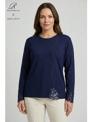 Ravencia Kadın Dantelli Sarmal Şerit Desenli Nakış Işlemeli Taşlı Yırtmaçlı Likralı Anne Penye Bluz
