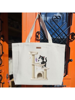 Bumudur Aksesuar Sevimli Siyah Beyaz Kedi Oyun Kulesi Cute Black And White Cat Baskılıı Naturel Kanvas Bez Çanta Sap Cırt Cırtlı Suluk Tutuculu - Büyük