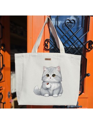Bumudur Aksesuar Sevimli Gümüş Kedi ve Uğur Böceği Cute Silver Cat And Ladybug Baskılıı Naturel Kanvas Bez Çanta Sap Beyaz Cırt Cırtlı Suluk Tutuculu - Büyük