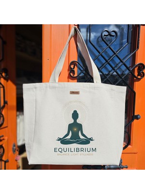 Bumudur Aksesuar Denge ve Işık Temalı Meditasyon Çantası Equılıbrıum Baskılıı Naturel Kanvas Bez Çanta Sap Beyaz Cırt Cırtlı Suluk Tutuculu - Büyük