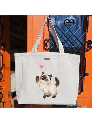 Bumudur Aksesuar Çiçekle Oynayan Sevimli Kedi Flower Baskılıı Naturel Kanvas Bez Çanta Sap Beyaz Cırt Cırtlı Suluk Tutuculu - Büyük
