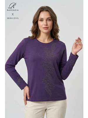 Ravencia Kadın Sarmal Yaprak Desenli Yaka ve Etek Taşlı Işlemeli Yırtmaçlı Likralı Anne Penye Bluz