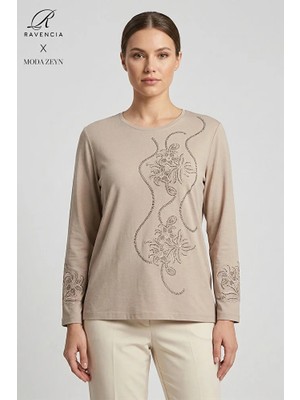 Ravencia Kadın Sarmal Yaprak Desenli Yaka ve Etek Taşlı Işlemeli Yırtmaçlı Likralı Anne Penye Bluz