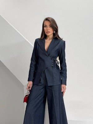 Hope And Me Modern Lacivert Denim Blazer ve Palazzo Pantolon Takım