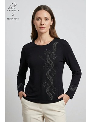 Ravencia Kadın Sarmal Yaprak Desenli Yaka ve Etek Taşlı Işlemeli Yırtmaçlı Likralı Anne Penye Bluz