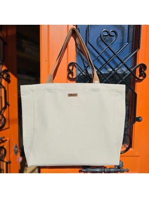 Bumudur Aksesuar Naturel Kanvas Bez Çanta, Açık Kahve Sap, Beyaz Cırt Cırtlı, Suluk Tutuculu