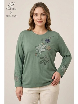 Ravencia Kadın Renkli Çiçek Yaprak Desenli Yaka ve Etek Taşlı Işlemeli Yırtmaçlı Likralı Anne Penye Bluz