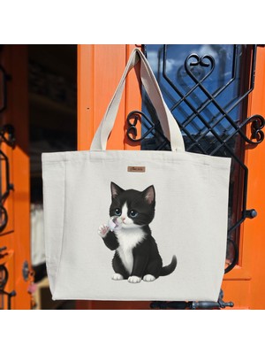 Bumudur Aksesuar Büyüleyici Siyah Beyaz Kedi ve Baloncuk Bubbles Baskılıı Naturel Kanvas Bez Çanta Sap Cırt Cırtlı Suluk Tutuculu - Büyük
