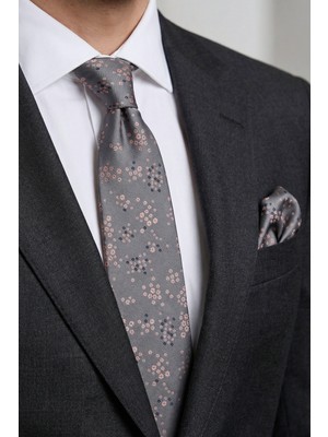 Milleniva Çiçekli Gri Pembe Kravat & Mendil
