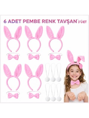 Pazarcan Full Pembe Renk Tavşan Sahne Seti 6&amp;#39;lı Set Taç Papyon Kuyruk
