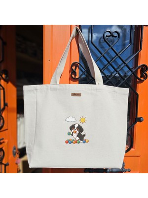 Bumudur Aksesuar Neşeli Yavru Köpek ve Renkli Toplar Happy Puppy Baskılıı Naturel Kanvas Bez Çanta Sap Beyaz Cırt Cırtlı Suluk Tutuculu - Küçük