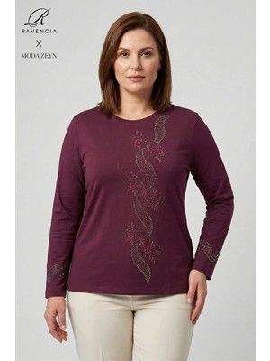 Ravencia Kadın Sarmal Yaprak Desenli Yaka ve Etek Taşlı Işlemeli Yırtmaçlı Likralı Anne Penye Bluz