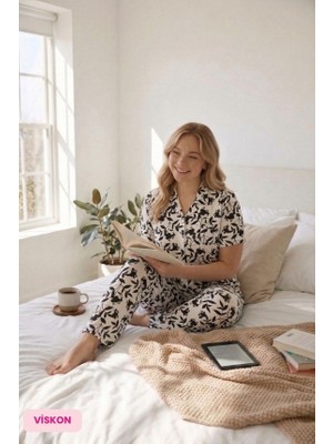 Seamlife Kadın Büyük Beden Viskon Gömlek Yaka Önden Düğmeli Göğüs Cepli Mevsimlik Kısa Kol Pijama Takımı