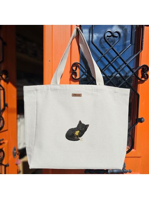 Bumudur Aksesuar Yeşil Gözlü Siyah Kedi ve Sarı Ip Black Cat Baskılıı Naturel Kanvas Bez Çanta Sap Beyaz Cırt Cırtlı Suluk Tutuculu - Küçük