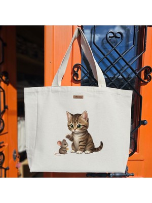 Bumudur Aksesuar Sevimli Kedi ve Fare Dostluğu Cute Cat And Mouse Friendship Baskılıı Naturel Kanvas Bez Çanta Sap Beyaz Cırt Cırtlı Suluk Tutuculu - Büyük