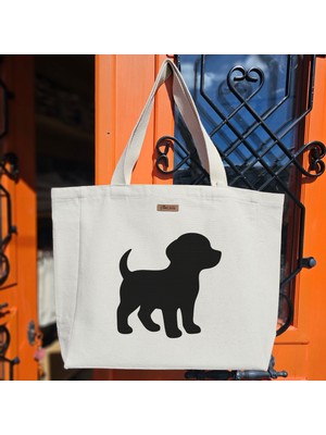 Bumudur Aksesuar Sevimli Köpek Silueti Cute Dog Silhouette Baskılıı Naturel Kanvas Bez Çanta Sap Beyaz Cırt Cırtlı Suluk Tutuculu - Büyük