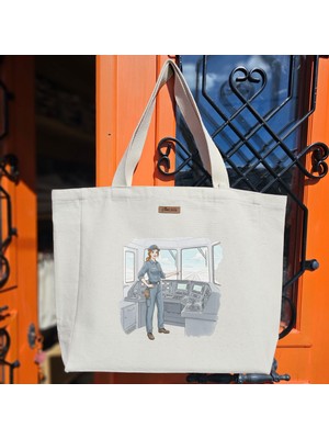 Bumudur Aksesuar Demiryolu Kontrol Merkezi Kadını Railway Control Center Baskılıı Naturel Kanvas Bez Çanta Sap Beyaz Cırt Cırtlı Suluk Tutuculu - Büyük
