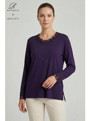 Ravencia Kadın Dantelli Yaka ve Kol Nakış Işlemeli Taşlı Yırtmaçlı Likralı Anne Penye Bluz