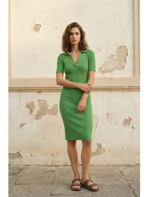 Hiccup Kadın My Fashıon Fitilli Polo Yaka Midi Elbise Yeşil