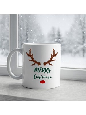 Merry Christmas Yazılı Geyik Boynuzlu Yılbaşı Kupası Model 212 Baskılı Seramik Kahve Kupası