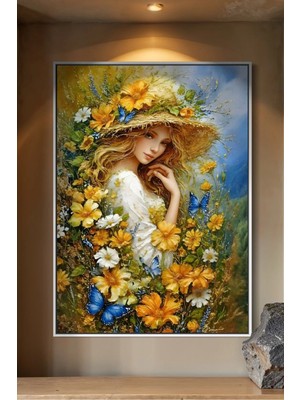 Artan Gallery Italyan Kadife Çiçekli Kadın Duvar Tablosu | Romantik Doğa | Yağlı Boya Görünümlü | Ahşap Çerçeveli