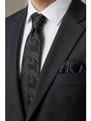 Milleniva Şal Desen Siyah Gümüş Kravat & Mendil