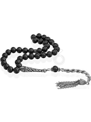 Modasilvers Kalem Işlemeli 925 Ayar Gümüş Püsküllü Siyah Oniks Taşlı Tesbih