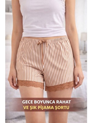 Dantel Detaylı Çizgili Kadın Pijama Şortu - Kahverengi / Beyaz M