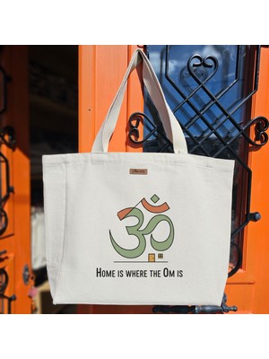 Bumudur Aksesuar Om Sembolü ile Ev Konsepti Om'un Olduğu Yerdir Baskılıı Naturel Kanvas Bez Çanta Sap Beyaz Cırt Cırtlı Suluk Tutuculu - Büyük