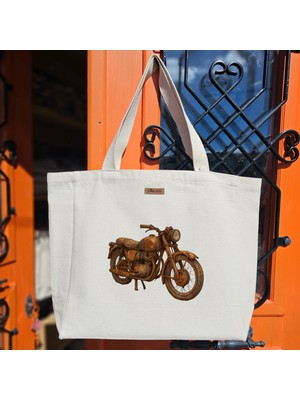 Bumudur Aksesuar Ahşap Görünümlü Eski Motosiklet Wooden Textured Vintage Motorcycle Baskılıı Naturel Kanvas Bez Çanta Sap Beyaz Cırt Cırtlı Suluk Tutuculu - Büyük