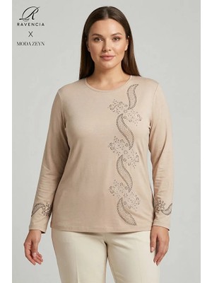 Ravencia Kadın Sarmal Yaprak Desenli Yaka ve Etek Taşlı Işlemeli Yırtmaçlı Likralı Anne Penye Bluz