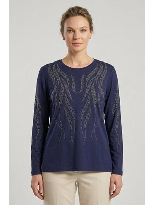 Ravencia Kadın Sarmal Çubuk Desenli Yaka ve Etek Taşlı Işlemeli Yırtmaçlı Likralı Anne Penye Bluz