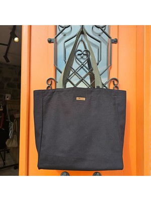 Bumudur Aksesuar Siyah Kanvas Bez Çanta, Haki Sap, Gri̇ Beyaz Kareli̇ Astarlı, Siyah Cırt Cırtlı, Suluk Tutuculu