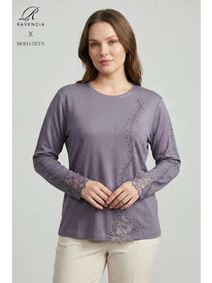 Ravencia Kadın Dantelli Sarmal Şerit Desenli Nakış Işlemeli Taşlı Yırtmaçlı Likralı Anne Penye Bluz