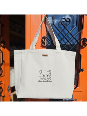 Bumudur Aksesuar Sevimli Rakun Tasarımı Cute Raccoon Design Baskılıı Naturel Kanvas Bez Çanta Sap Beyaz Cırt Cırtlı Suluk Tutuculu - Küçük