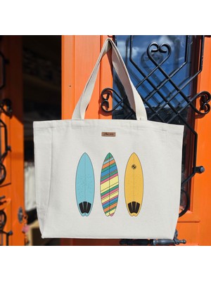Bumudur Aksesuar Renkli Sörf Tahtaları Deseni Colorful Surfboards Pattern Baskılıı Naturel Kanvas Bez Çanta Sap Beyaz Cırt Cırtlı Suluk Tutuculu - Büyük
