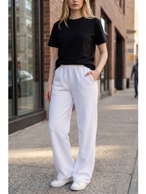 Evavi Kadın Şardonsuz Beyaz Bol Paça Eşofman Altı