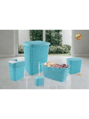 My Best Store 5 Parça Örgü Desenli Plastik Banyo Seti Çamaşır Sepeti Deterjanlık Çöp Kovası Klozet Fır�