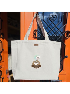 Bumudur Aksesuar Düşüncelerini Canlandıran Kahve Baskılıı Naturel Kanvas Bez Çanta Sap Beyaz Cırt Cırtlı Suluk Tutuculu - Küçük