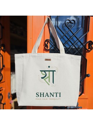 Bumudur Aksesuar Shanti Huzur ve Sakinlik Temalı Tasarım Dinginlik Baskılıı Naturel Kanvas Bez Çanta Sap Beyaz Cırt Cırtlı Suluk Tutuculu - Büyük