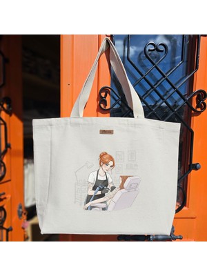 Bumudur Aksesuar Çiçek Desenli Dövme Tasarımı Flower Design Tattoo Baskılıı Naturel Kanvas Bez Çanta Sap Beyaz Cırt Cırtlı Suluk Tutuculu - Büyük