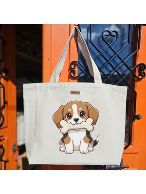 Bumudur Aksesuar Sevimli Beagle Köpeği ile Kemik Baskılıı Naturel Kanvas Bez Çanta Sap Beyaz Cırt Cırtlı Suluk Tutuculu - Büyük