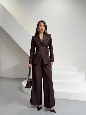 Hope And Me Modern Lacivert Denim Blazer ve Palazzo Pantolon Takım