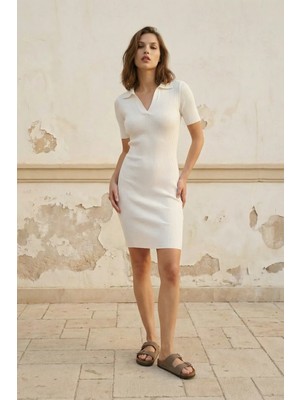 Hiccup Kadın My Fashıon Fitilli Polo Yaka Midi Elbise Beyaz