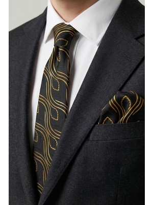 Milleniva Şal Desen Siyah Gold Kravat & Mendil
