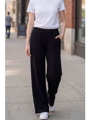 Evavi Kadın Şardonsuz Siyah Bol Paça Eşofman Altı