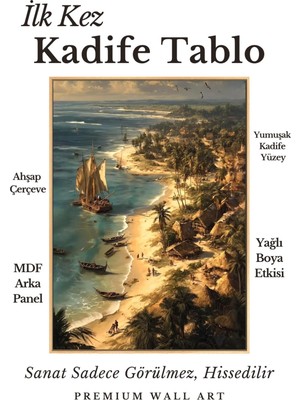 Artan Gallery Italyan Kadife Sahil ve Yelkenli Duvar Tablosu | Yağlı Boya Görünümlü | Ahşap Çerçeveli
